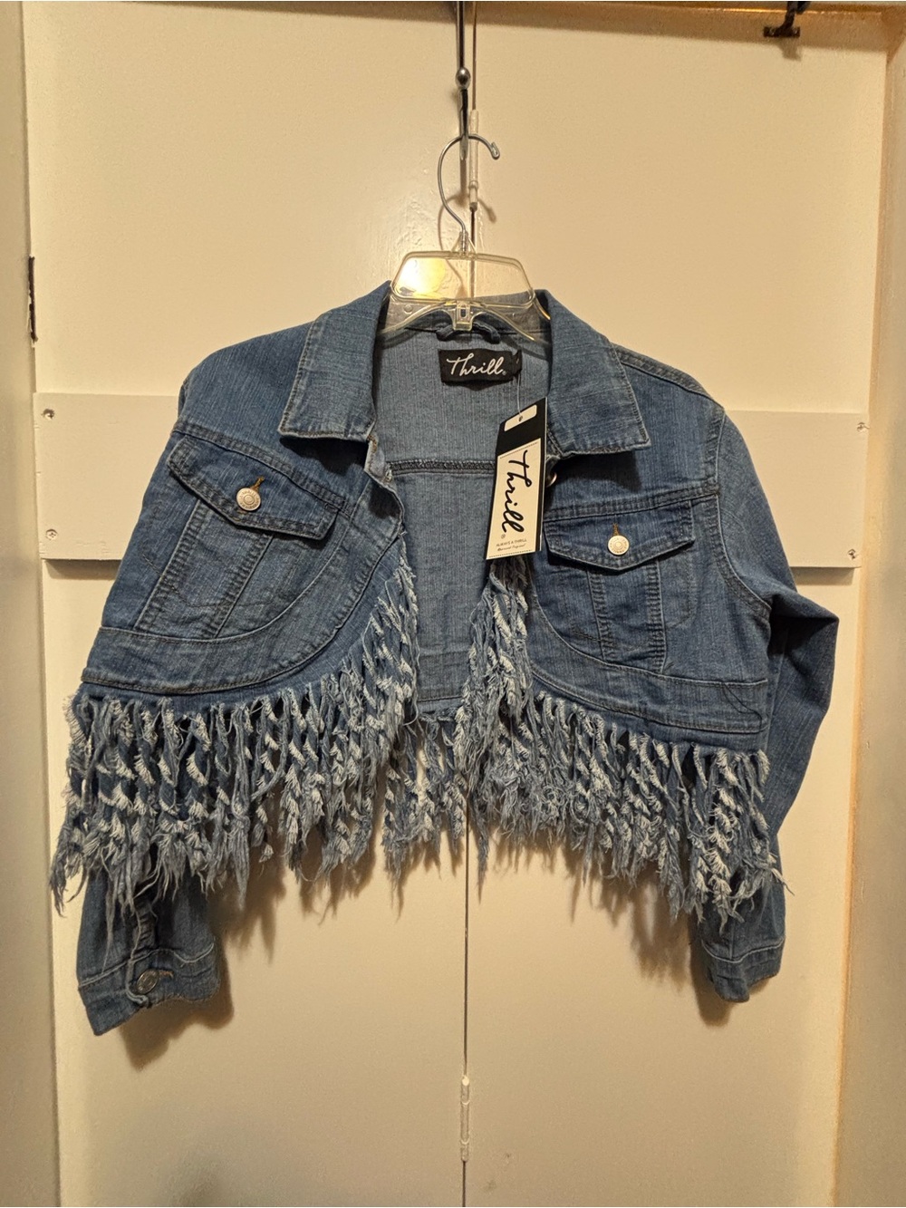 Thrill Denim Fringe Cropped Jacket in Blue